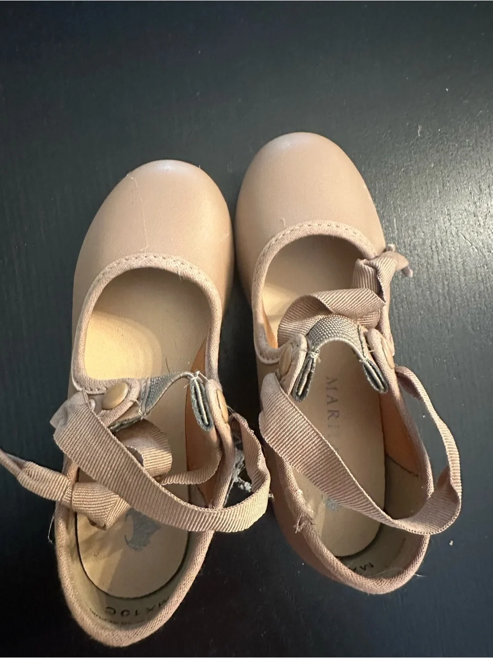 Girls Tan Tap Shoes with Ribbon Strap